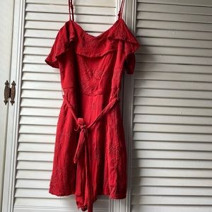 Francesca’s Red Orange Embroidered Tank Romper